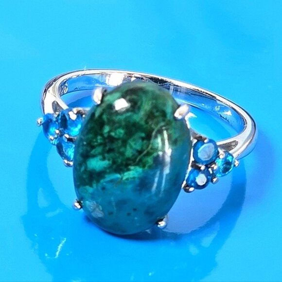 925 Sterling Silver Ring SZ 7 with Natural 13x10mm Chrysocolla & Apat… - Picture 12 of 12